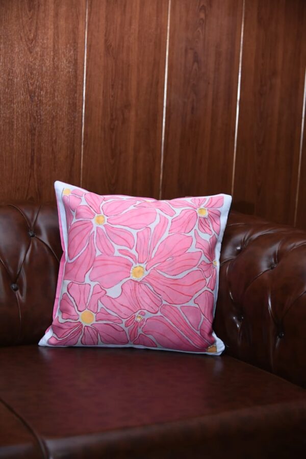"Vibrant Pink Blossom Cushion Cover with Floral Design" – 15×15 Inch